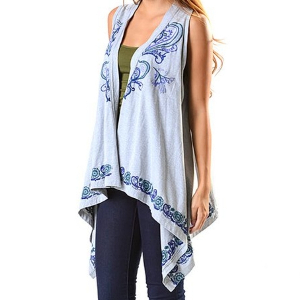 Bella Carra by Biz Boho Embroidered Waterfall Cardigan Gray Blue Size S